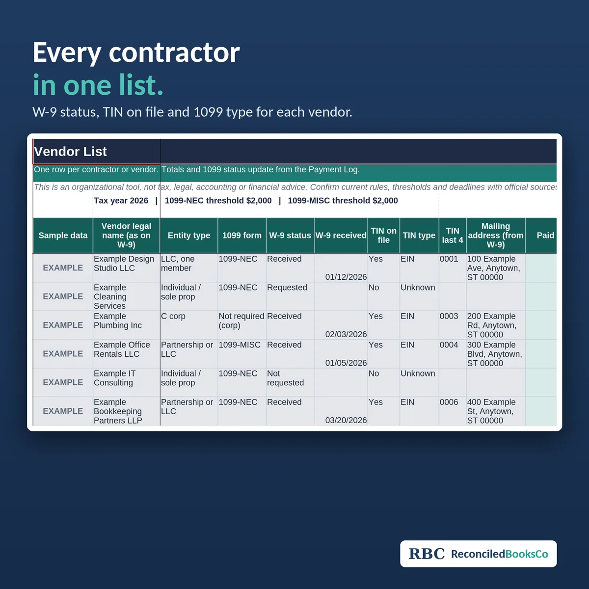 1099 Contractor and W-9 Tracker Spreadsheet for Excel: vendor list