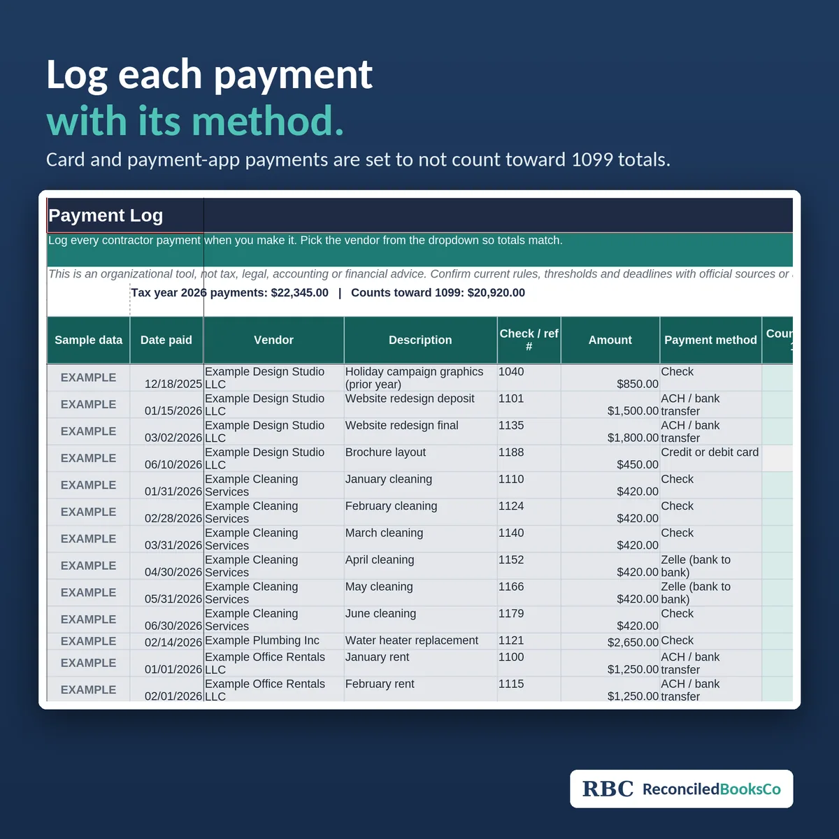 1099 Contractor and W-9 Tracker Spreadsheet for Excel: payment log