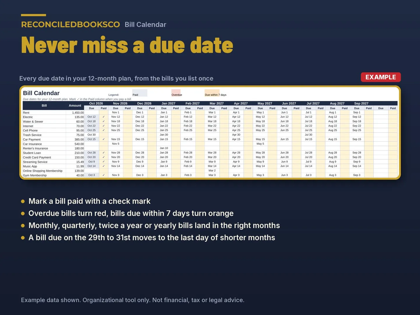 Bill Tracker Spreadsheet and Paycheck Budget Planner: bill calendar