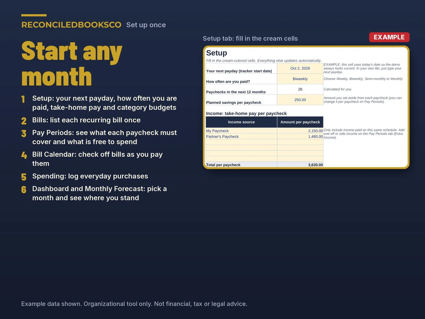 Bill Tracker Spreadsheet and Paycheck Budget Planner: set up once