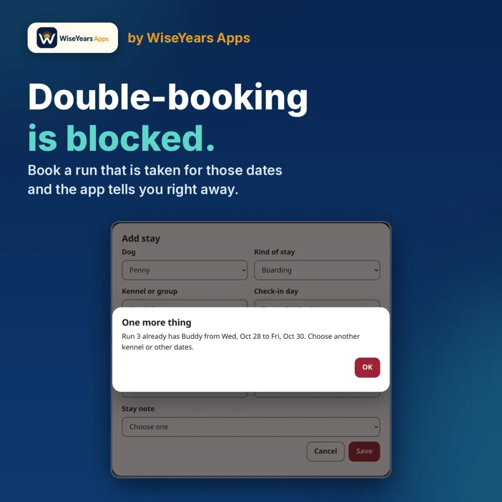 Boarding & Daycare Kennel Board: booking blocked when a run is already taken
