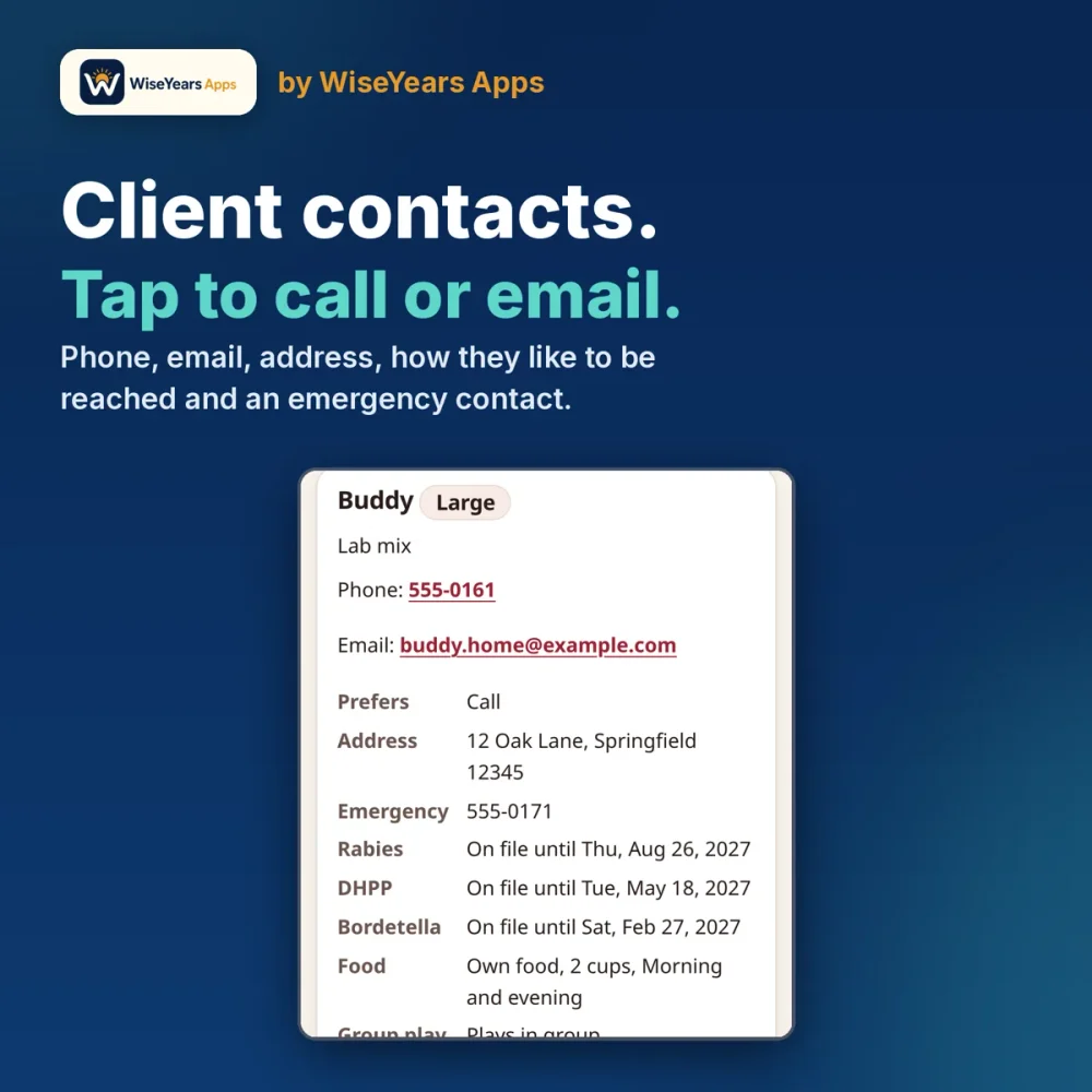 Boarding & Daycare Kennel Board: client contacts with tap to call or email