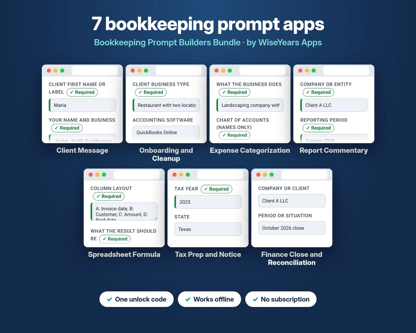 Bookkeeping Prompt Builders Bundle cover by WiseYears Apps