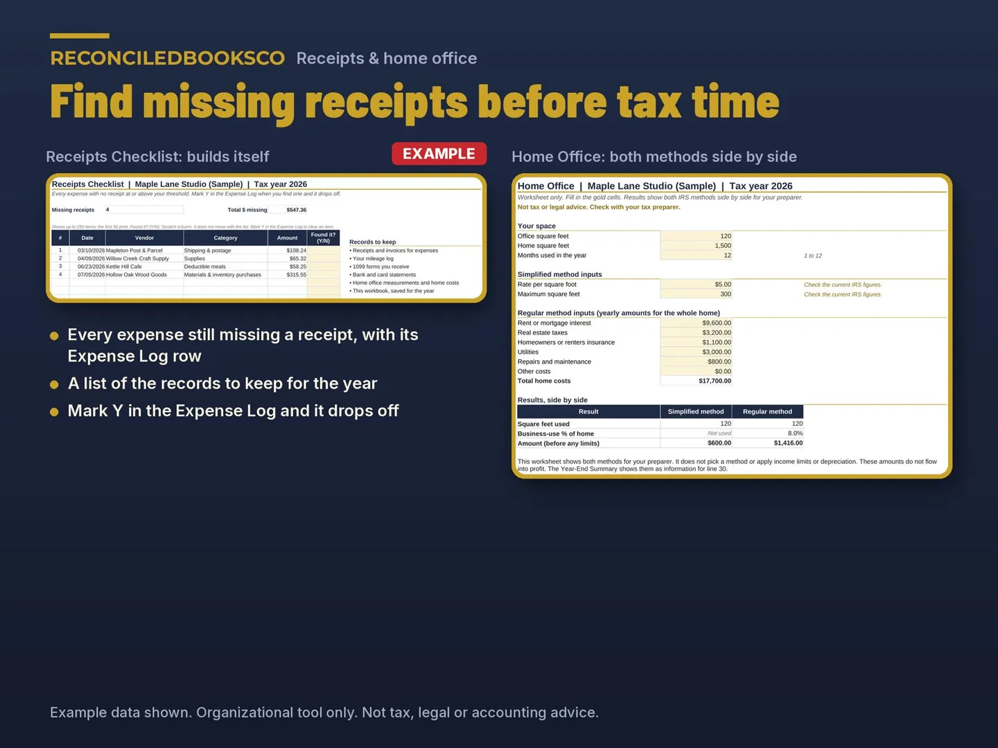 Business Expense Tracker Spreadsheet with Mileage Log: receipts home office
