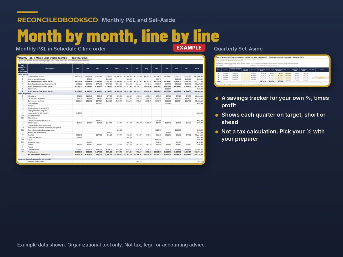 Business Expense Tracker Spreadsheet with Mileage Log: monthly pl set aside