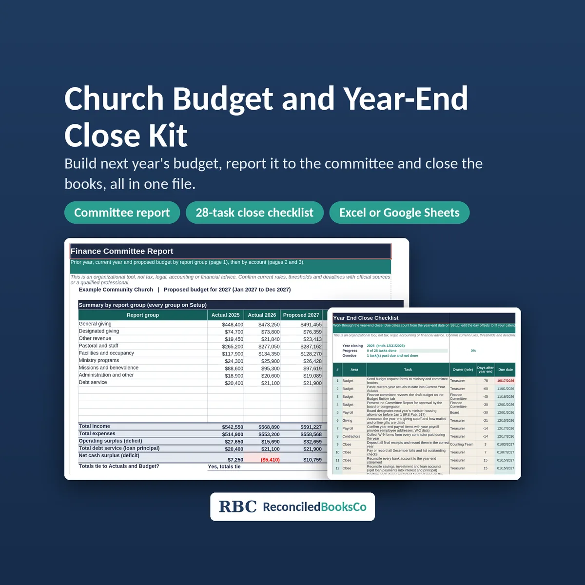 Church Budget and Year-End Close Kit for Excel and Sheets cover: church budget and year-end close kit for Excel and Google Sheets