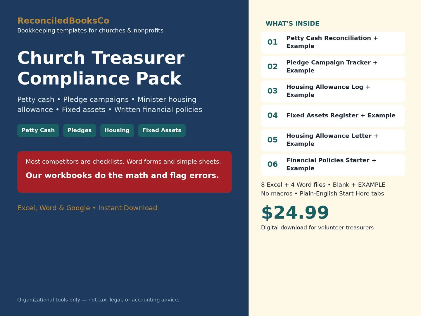 Church Petty Cash Log and Pledge Tracker Spreadsheet: poster whats inside