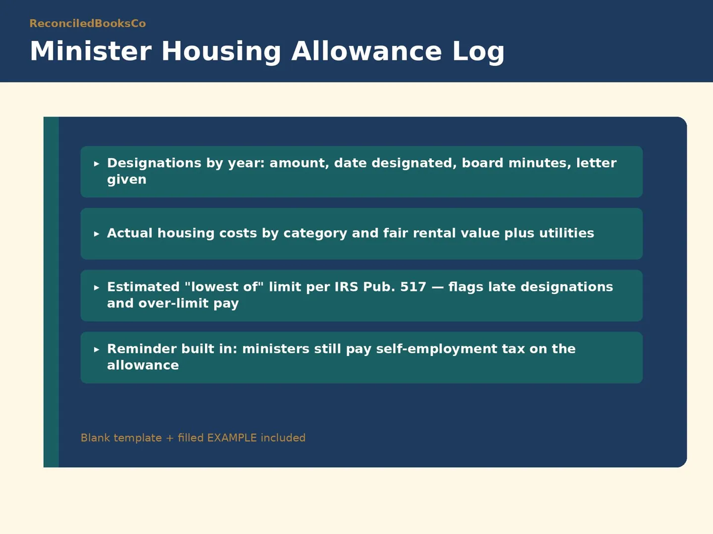 Church Petty Cash Log and Pledge Tracker Spreadsheet: housing allowance