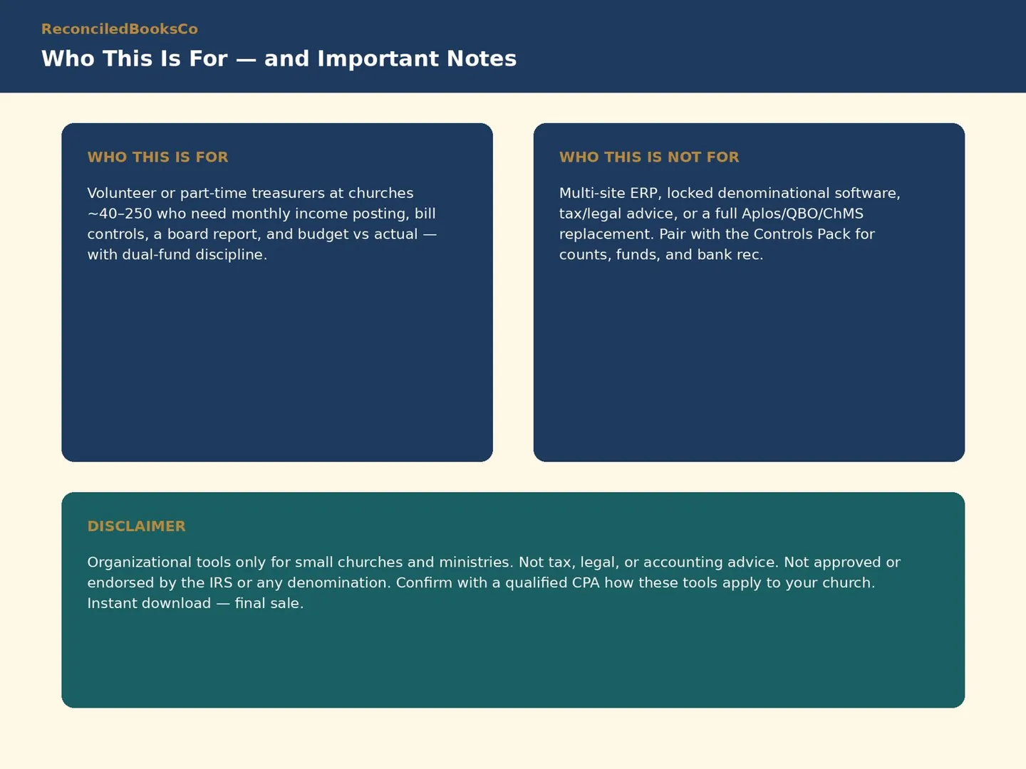Church Treasurer Report Template, Budget vs Actual: disclaimer