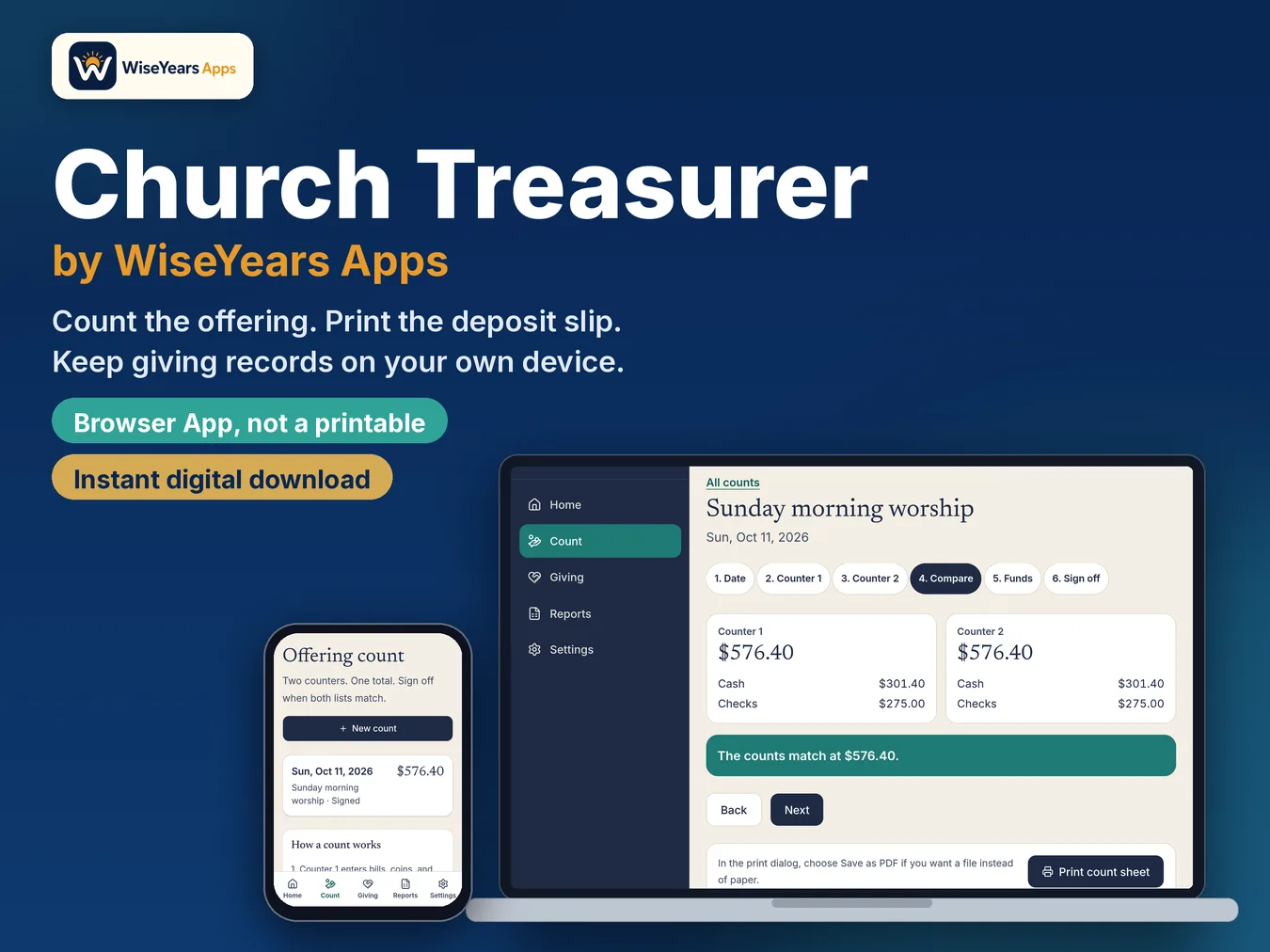 Church Treasurer App: Offering Count, Deposit Slip, Giving Records and Year-End Giving Statements cover by WiseYears Apps