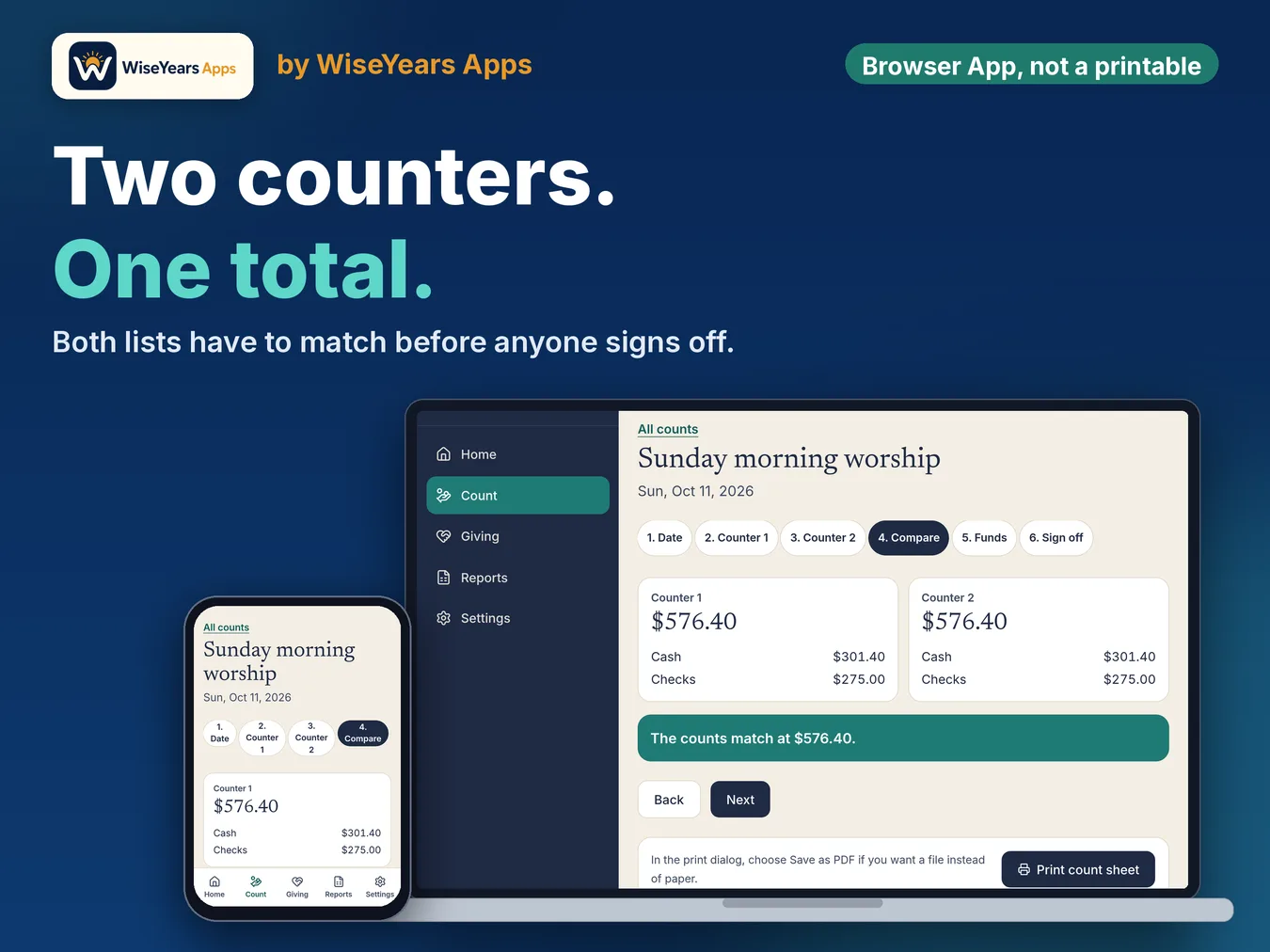 Church Treasurer App: Offering Count, Deposit Slip, Giving Records and Year-End Giving Statements: two counters entering one offering total