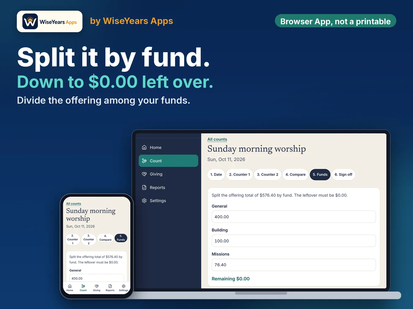 Church Treasurer App: Offering Count, Deposit Slip, Giving Records and Year-End Giving Statements: offering split by fund