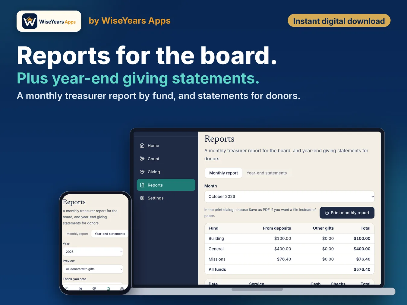 Church Treasurer App: Offering Count, Deposit Slip, Giving Records and Year-End Giving Statements: monthly report and year-end giving statements