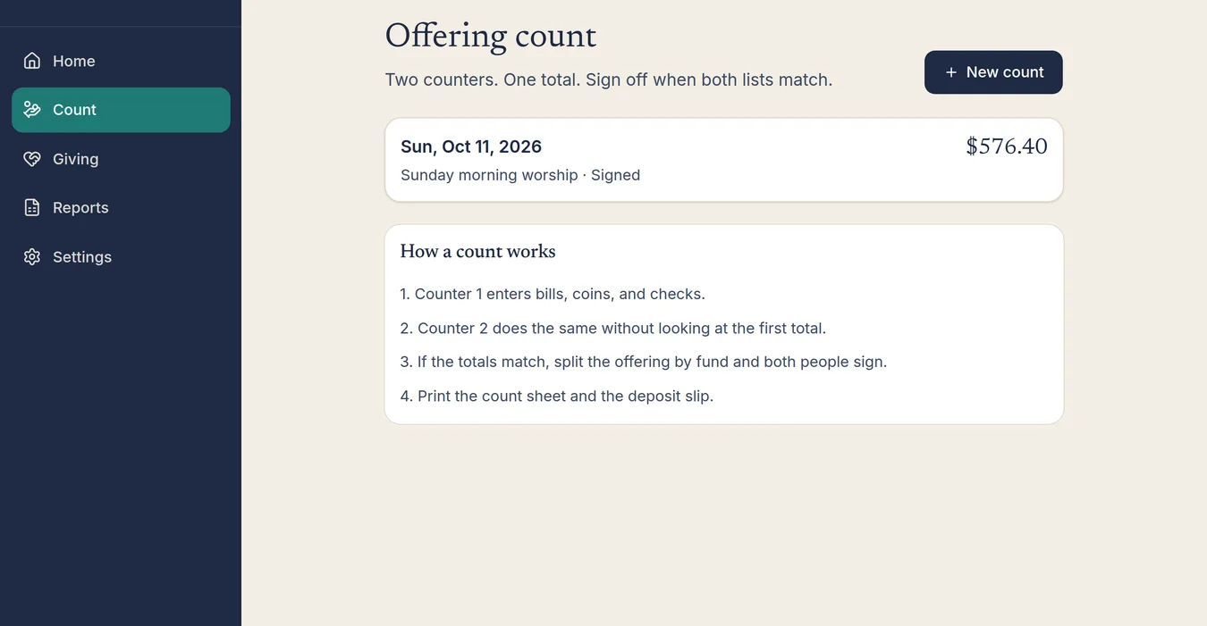 Church Treasurer App: Offering Count, Deposit Slip, Giving Records and Year-End Giving Statements: real, unedited app screenshot