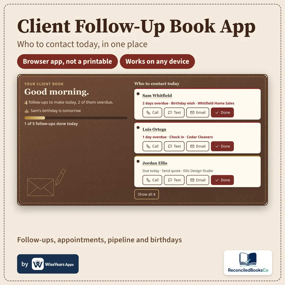 Client Follow-Up Book cover by WiseYears Apps