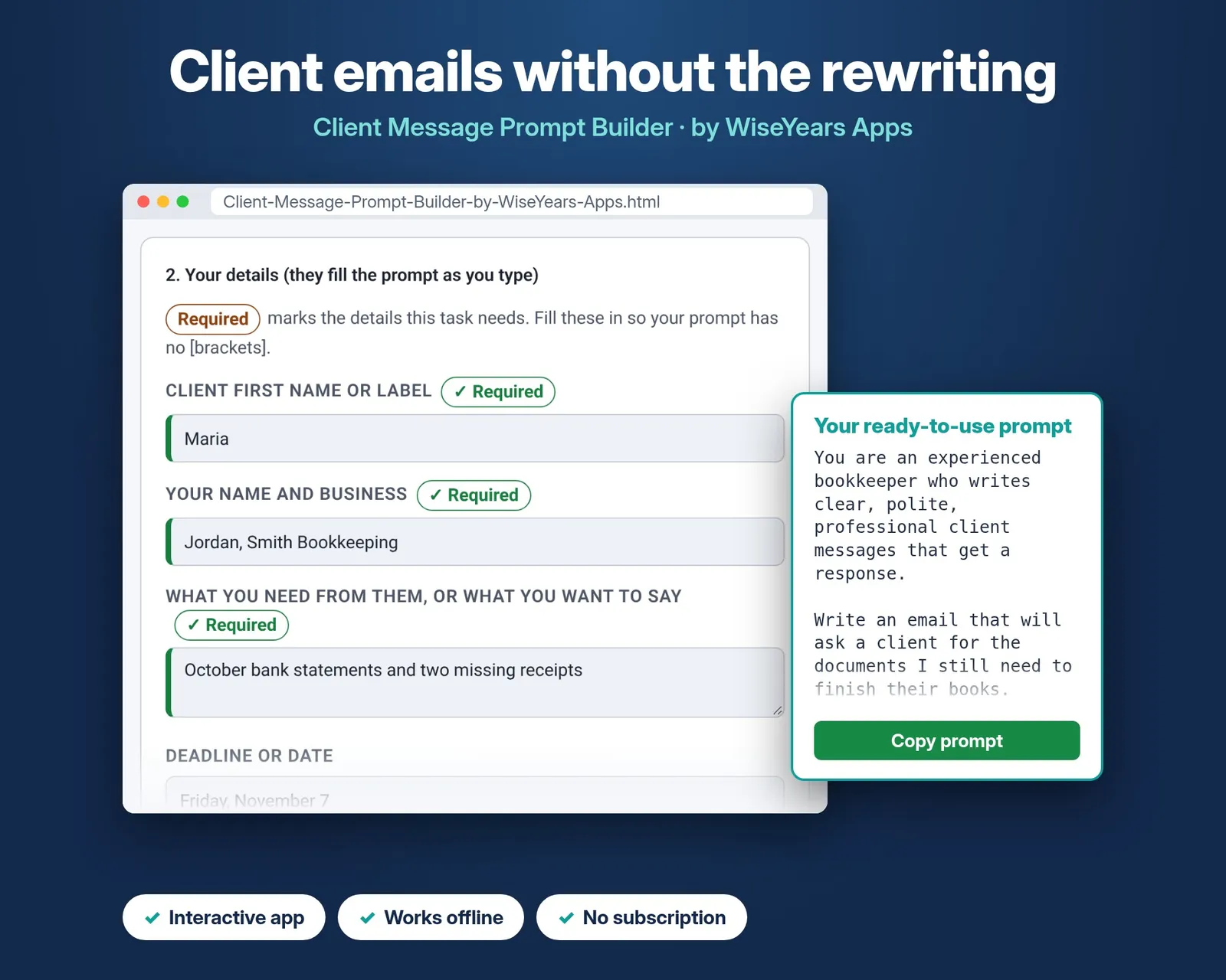 Client Message Prompt Builder cover by WiseYears Apps