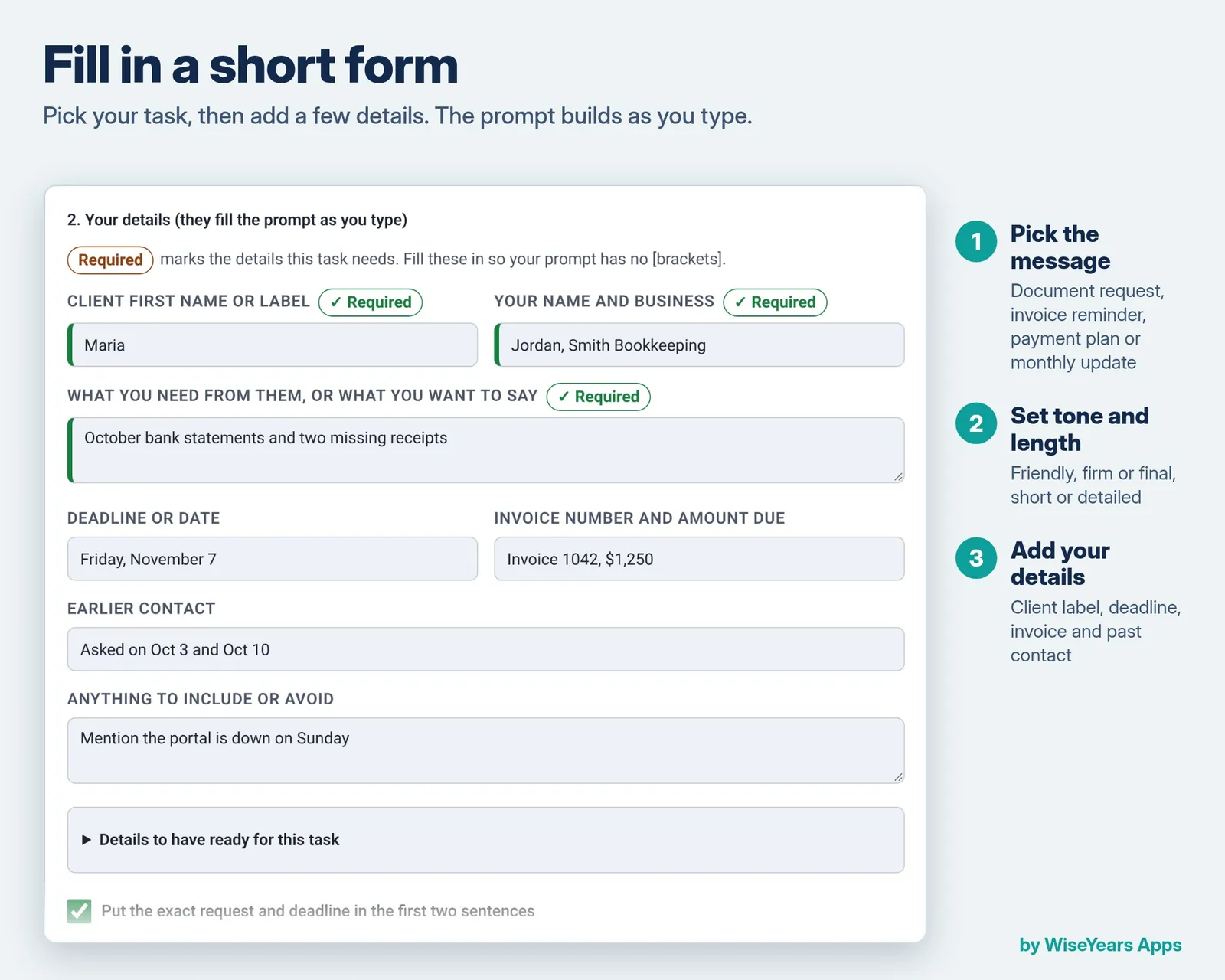 Client Message Prompt Builder: fill in the form