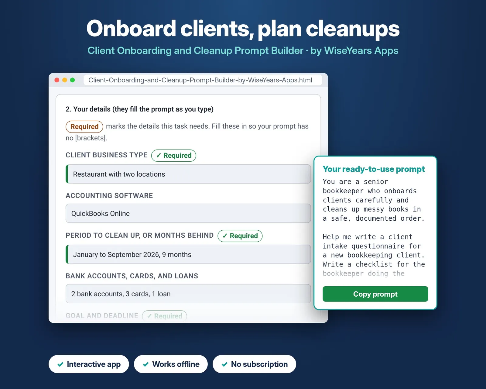 Client Onboarding and Cleanup Prompt Builder cover by WiseYears Apps
