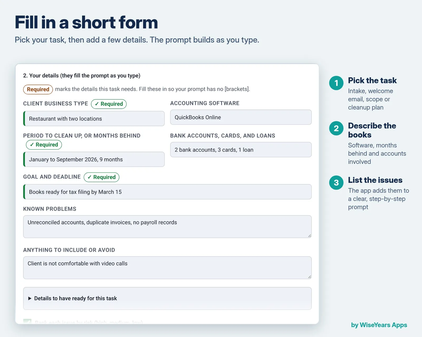 Client Onboarding and Cleanup Prompt Builder: fill in the form