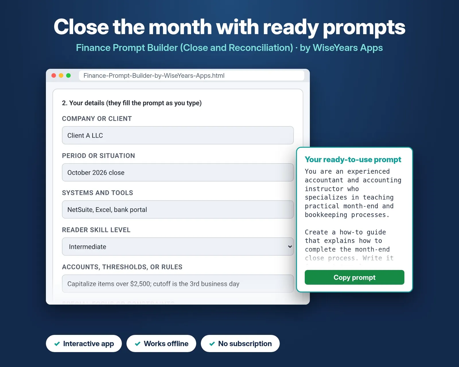 Finance Prompt Builder (Close and Reconciliation) cover by WiseYears Apps