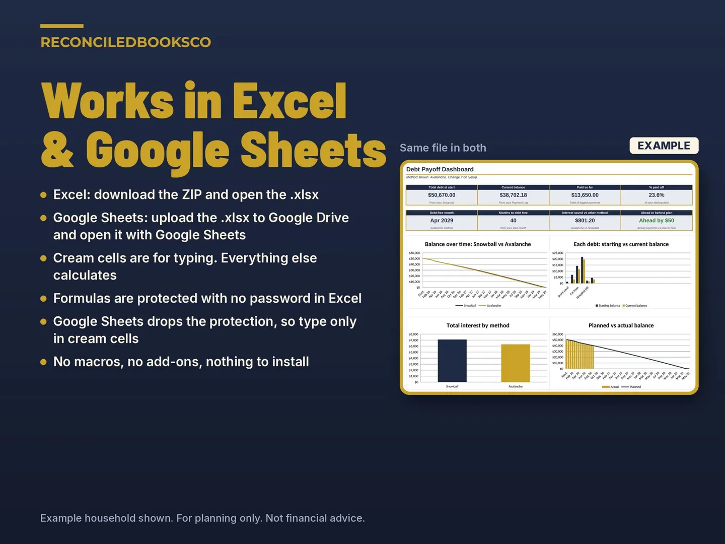 Debt Payoff Spreadsheet, Snowball and Avalanche Calculator: works in Excel and Google Sheets on any device