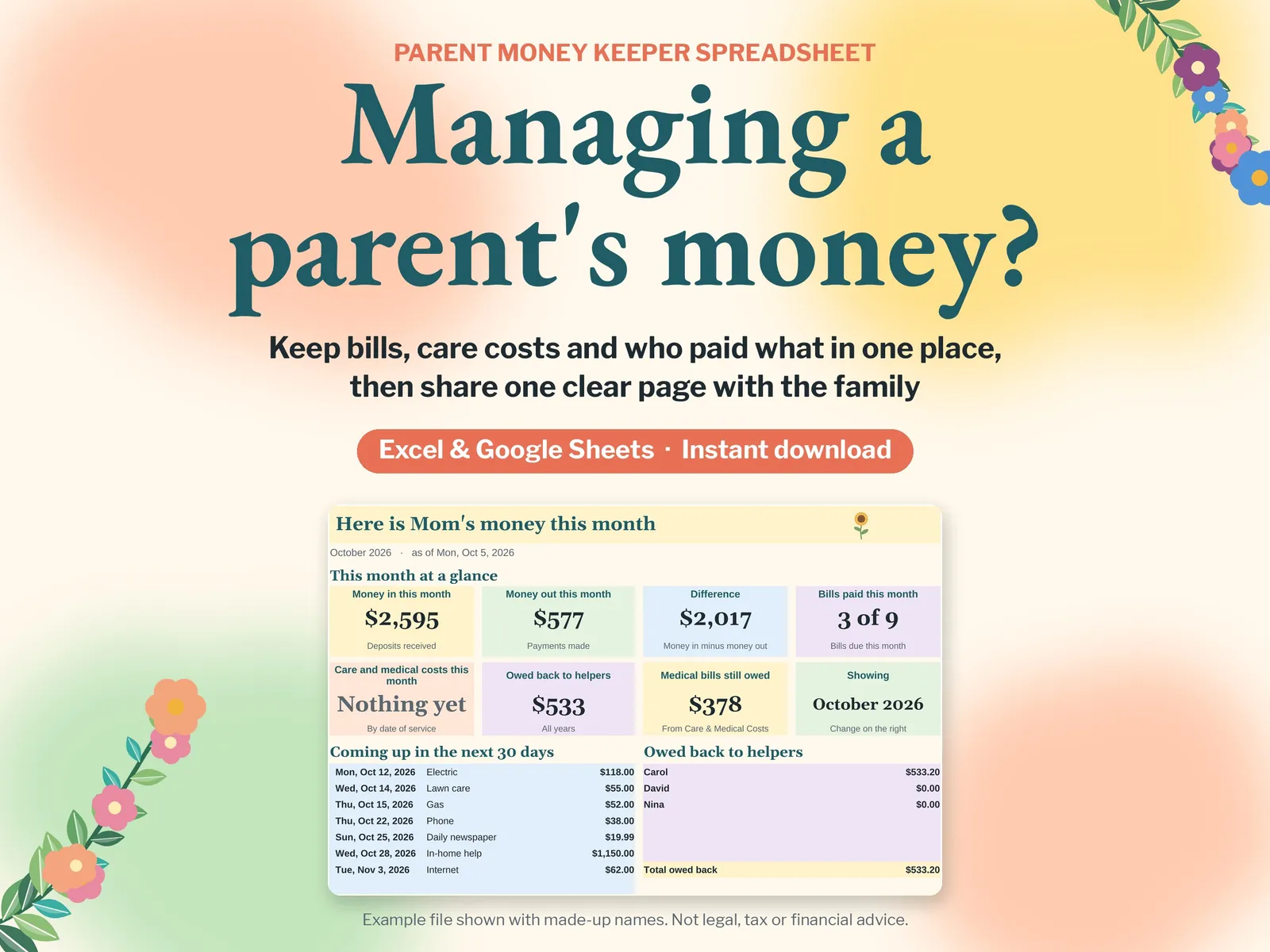 Elderly Parent Finance Tracker: Caregiver Spreadsheet for Bills, image 2