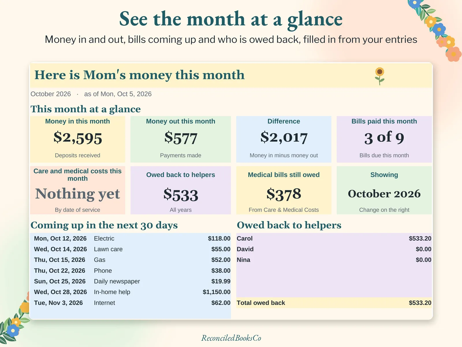 Elderly Parent Finance Tracker: Caregiver Spreadsheet for Bills, image 3