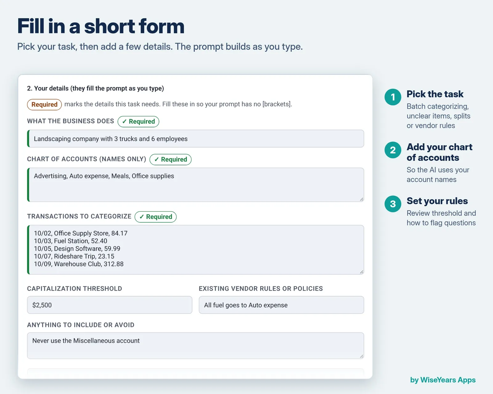 Expense Categorization Prompt Builder: fill in the form