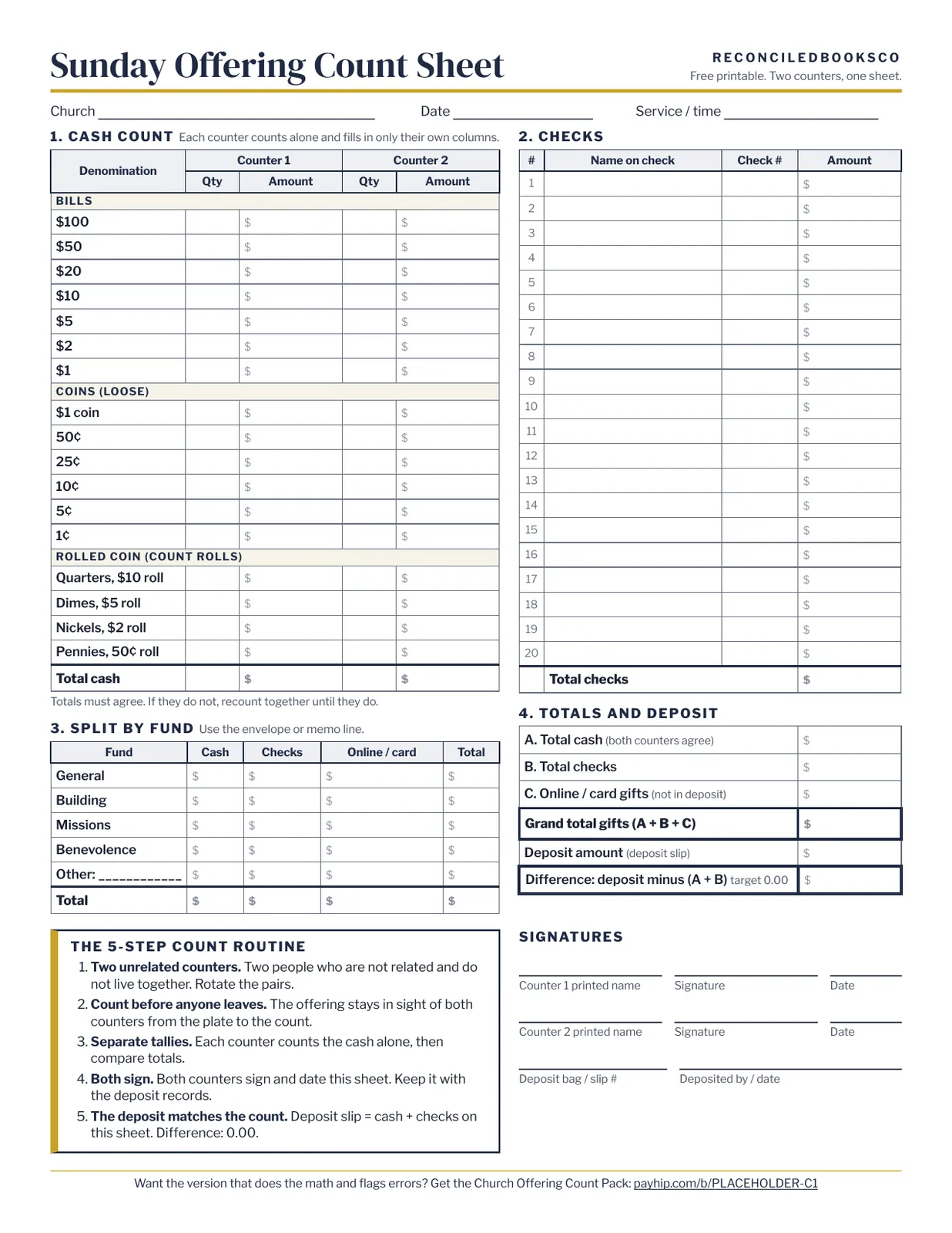 Sunday Offering Count Sheet, a printable page for two counters