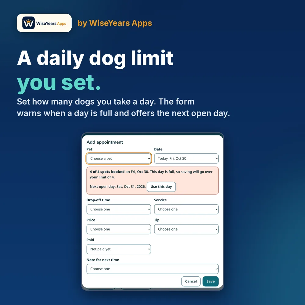 Groomer Rebook Book: daily dog limit that warns when a day is full