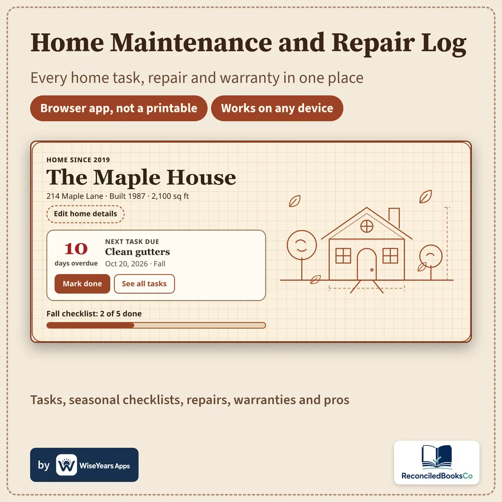Home Maintenance Log cover by WiseYears Apps