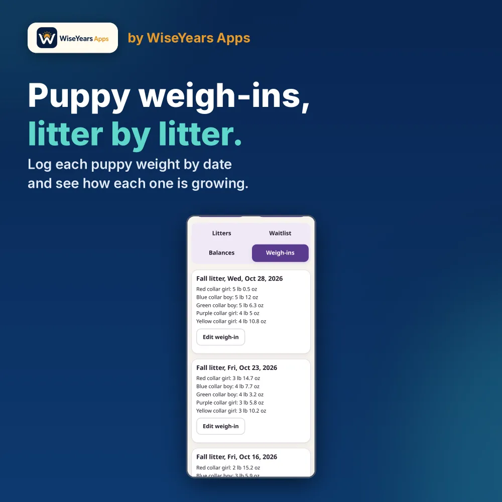 Litter and Waitlist Book: puppy weigh-ins in lb and oz