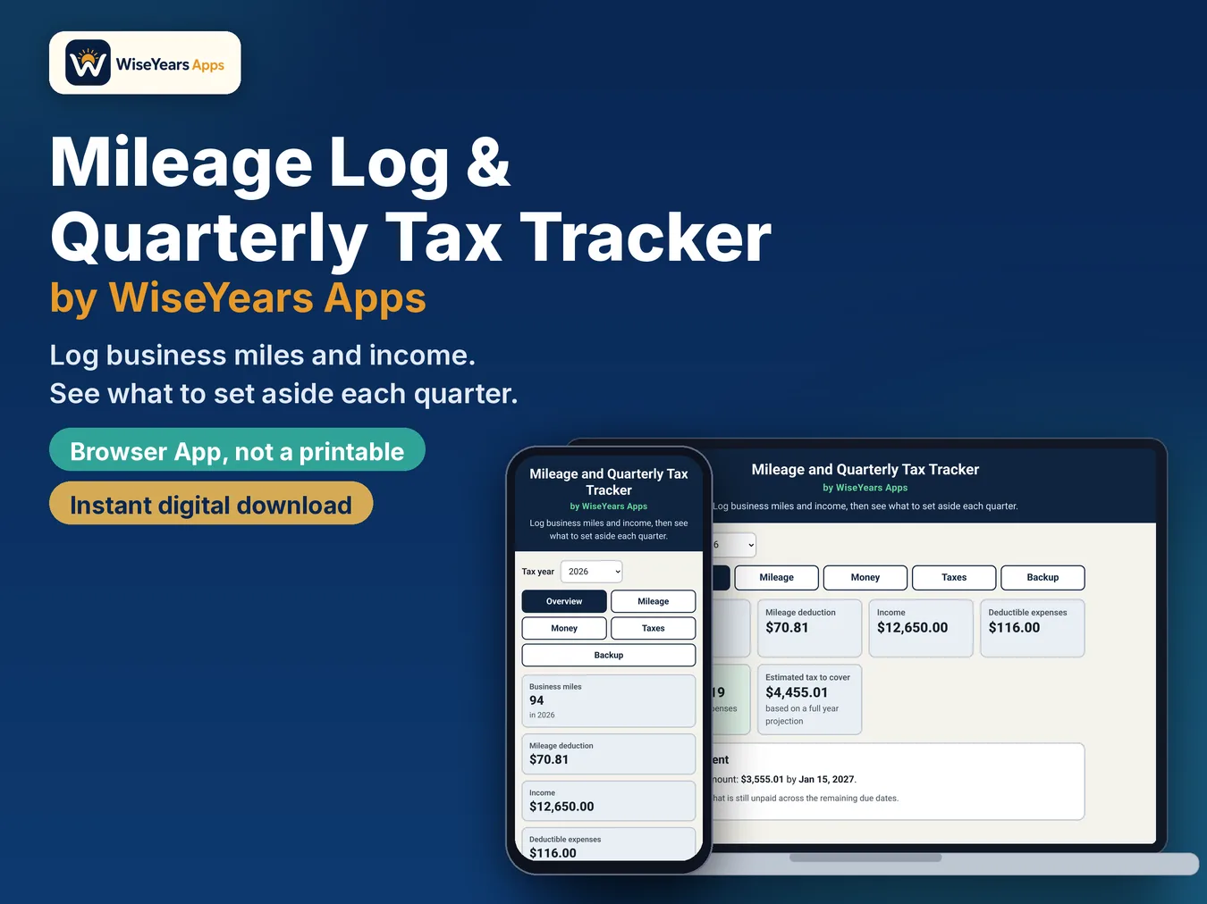 Mileage Log and Quarterly Tax Tracker cover by WiseYears Apps