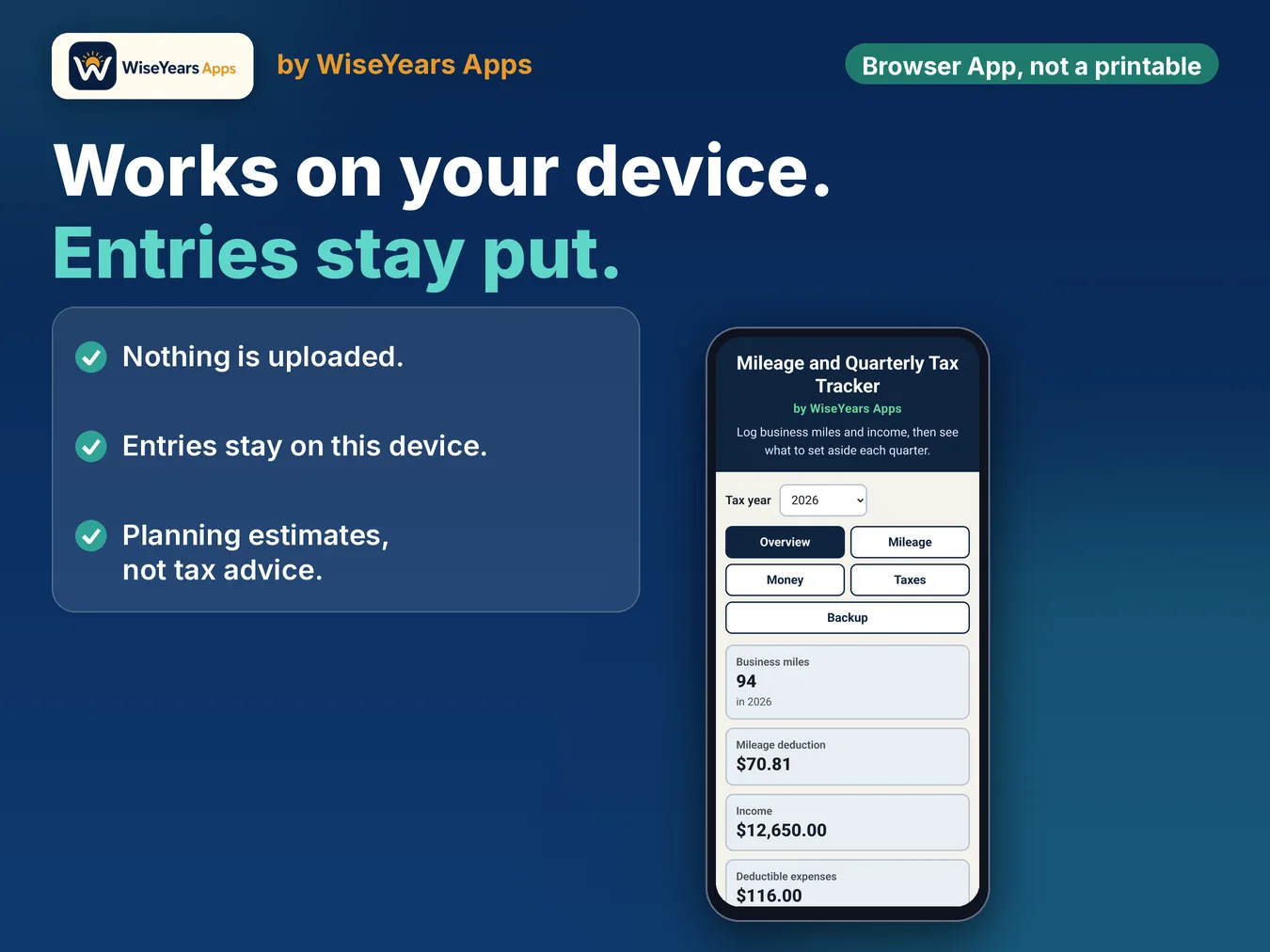 Mileage Log and Quarterly Tax Tracker: works offline on your device