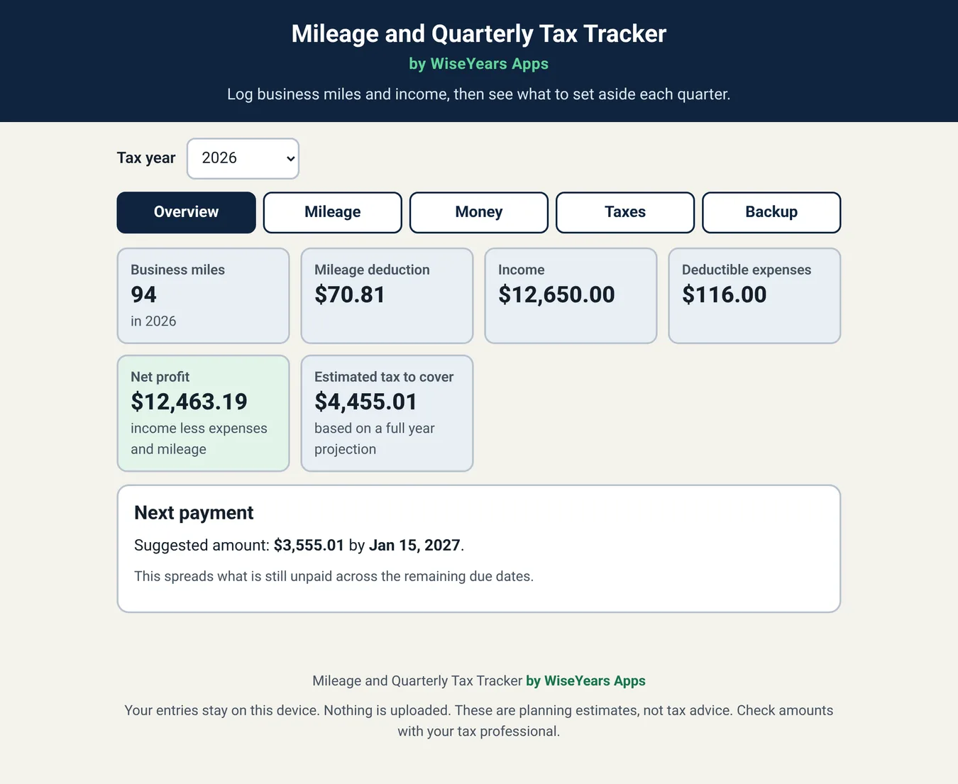 Mileage Log and Quarterly Tax Tracker: real, unedited app screenshot