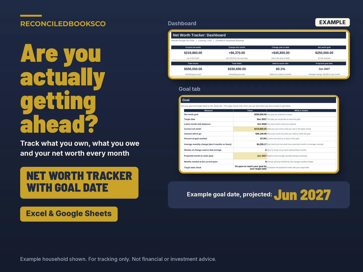 Net Worth Tracker Spreadsheet, Assets and Debts Dashboard: hero