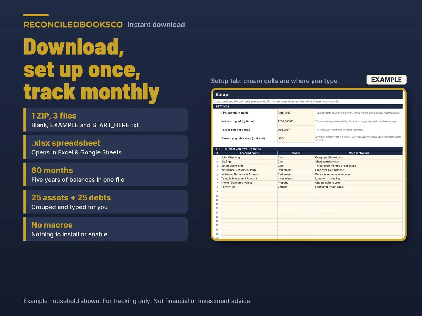 Net Worth Tracker Spreadsheet, Assets and Debts Dashboard: download sizes