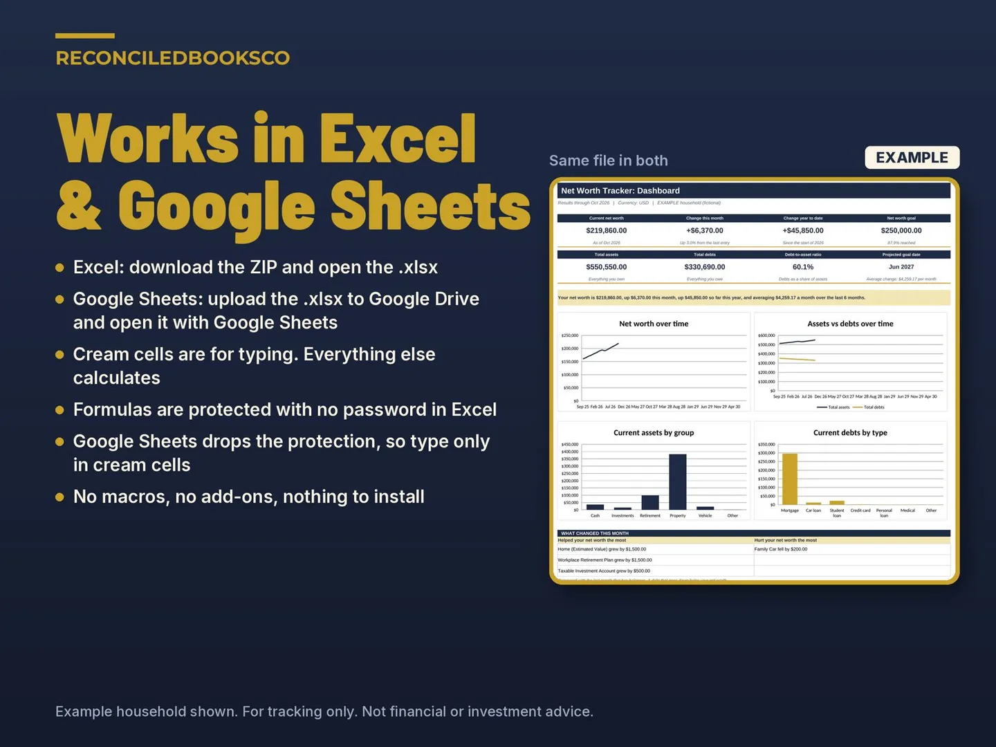 Net Worth Tracker Spreadsheet, Assets and Debts Dashboard: works in Excel and Google Sheets on any device