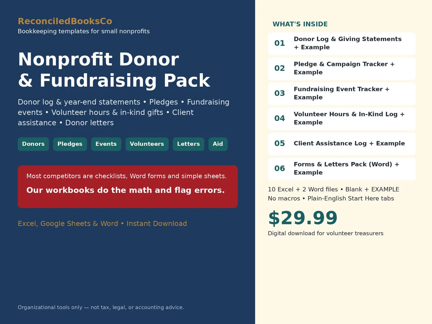 Nonprofit Donation Tracker Spreadsheet with Pledges: poster whats inside