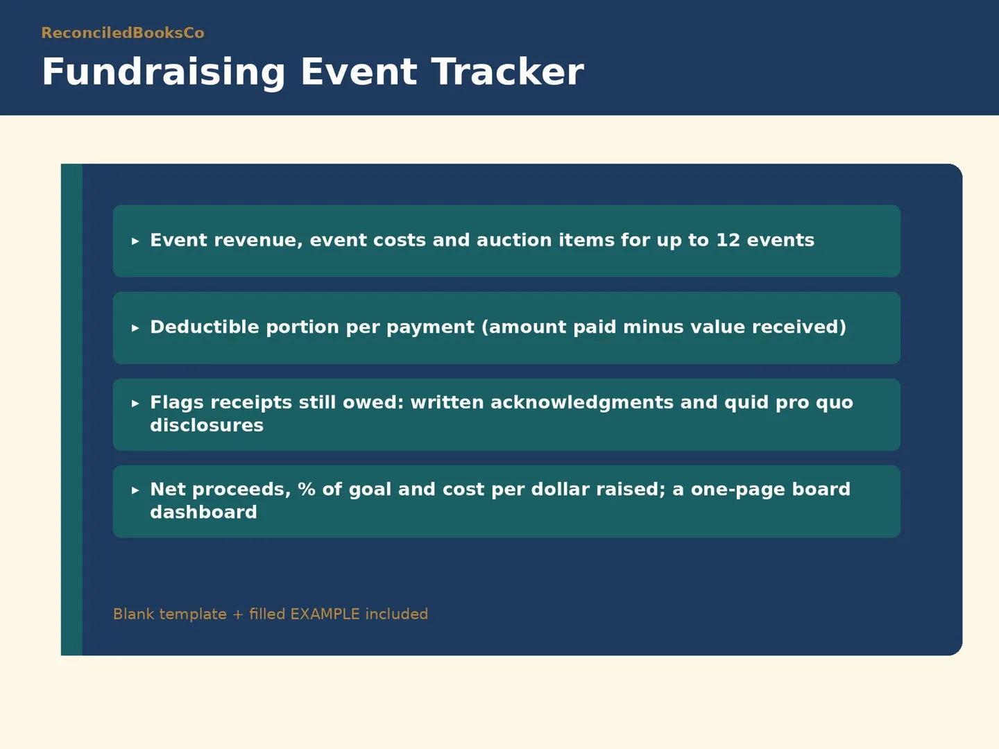 Nonprofit Donation Tracker Spreadsheet with Pledges: fundraising events
