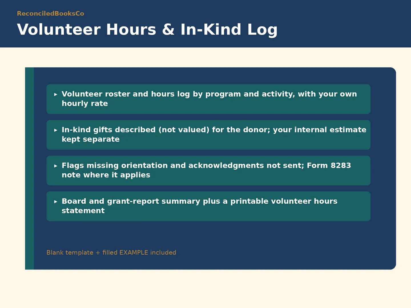 Nonprofit Donation Tracker Spreadsheet with Pledges: volunteers inkind