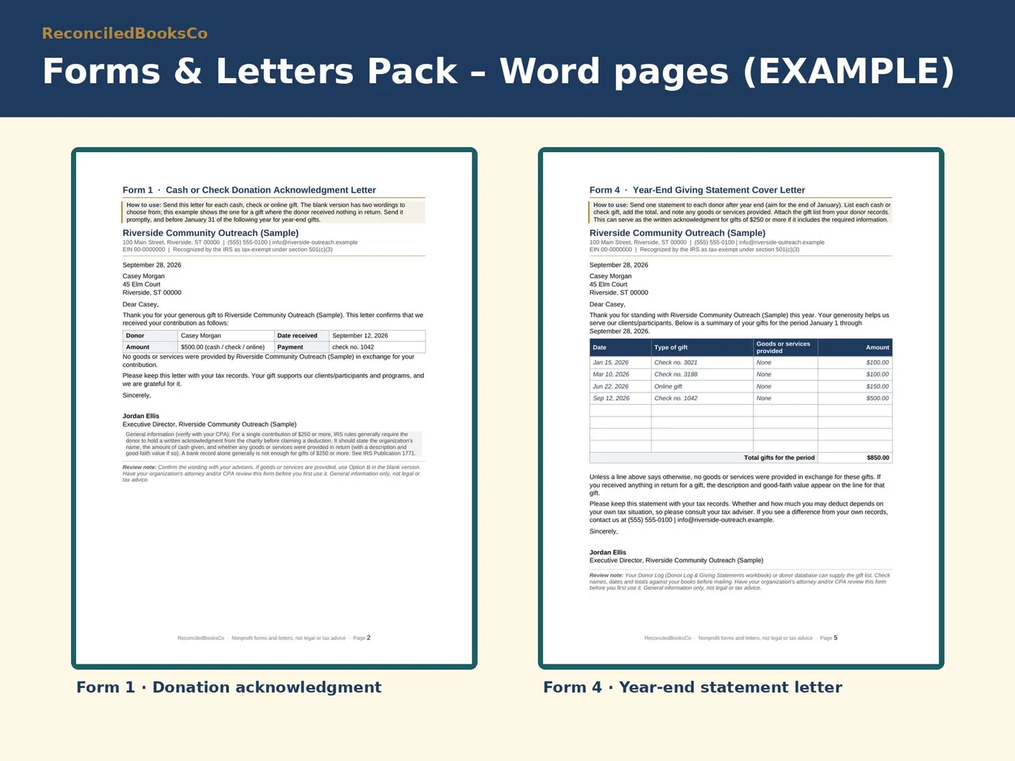 Nonprofit Donation Tracker Spreadsheet with Pledges: forms letters pages