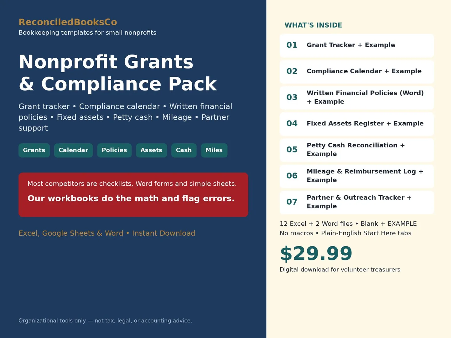 Nonprofit Grant Tracker Spreadsheet and Deadline Calendar: poster whats inside