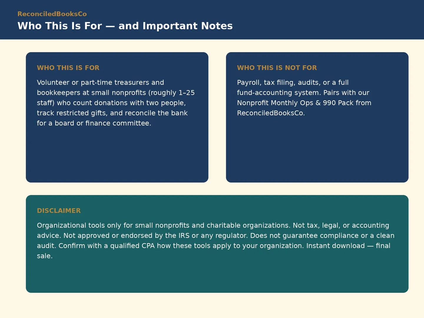 Nonprofit Restricted Funds Tracker and Donation Count Sheet: who for disclaimer