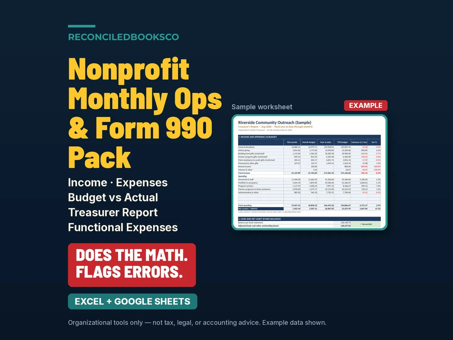 Nonprofit Treasurer Report Template, Budget vs Actual: hero serp v2