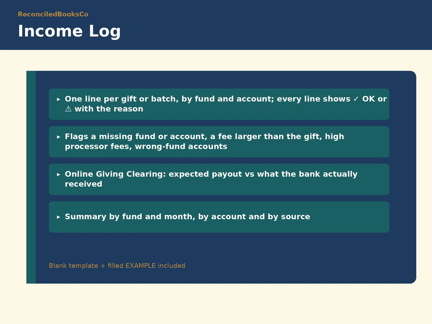 Nonprofit Treasurer Report Template, Budget vs Actual: income log
