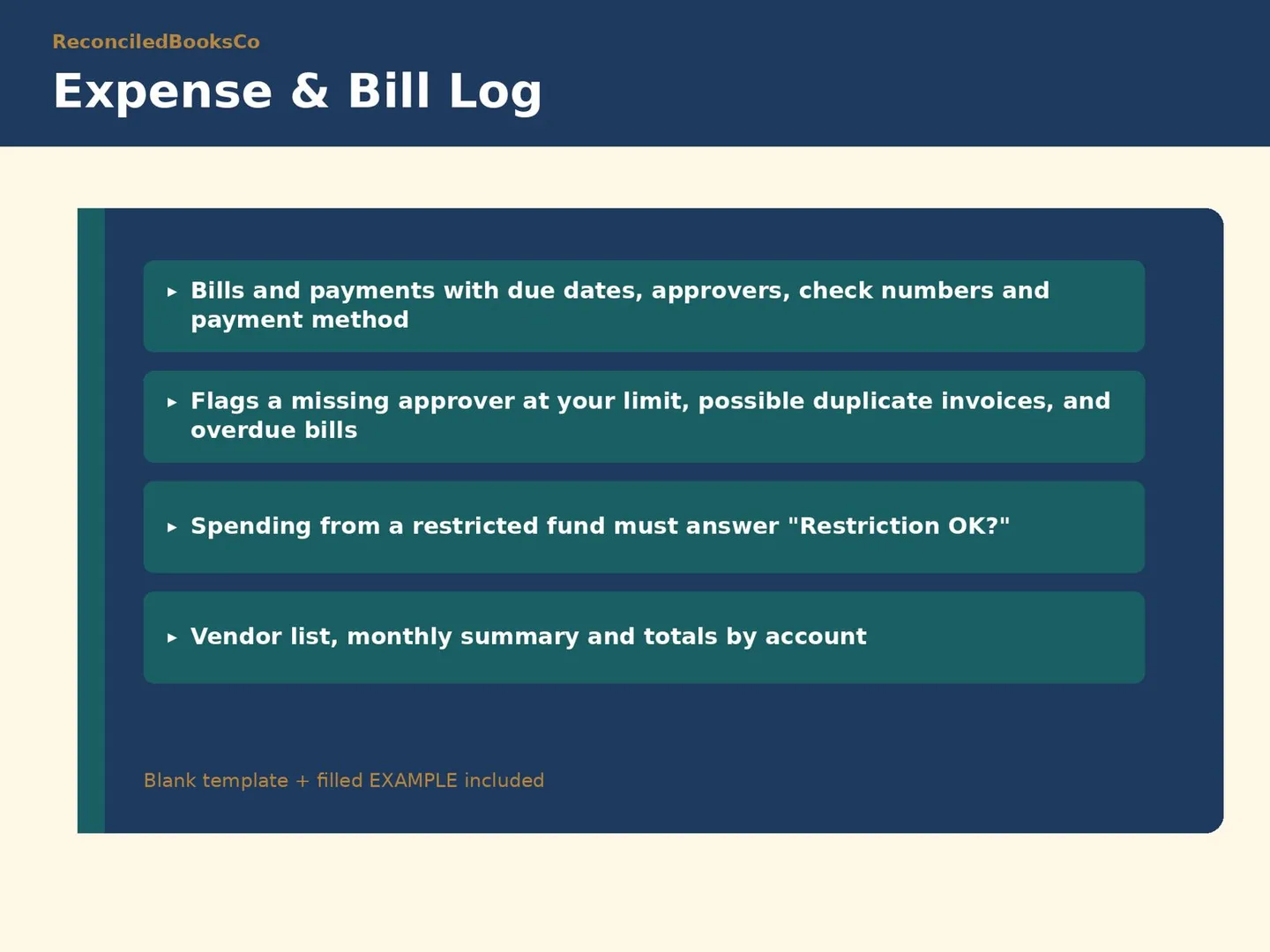 Nonprofit Treasurer Report Template, Budget vs Actual: expense bill log