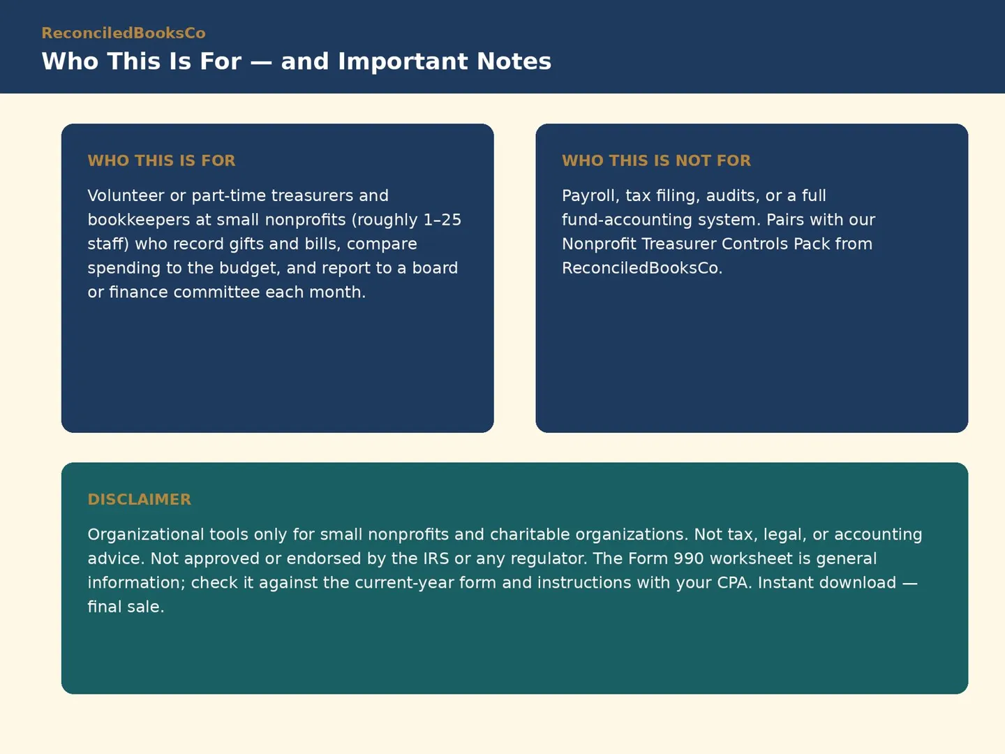 Nonprofit Treasurer Report Template, Budget vs Actual: who for disclaimer