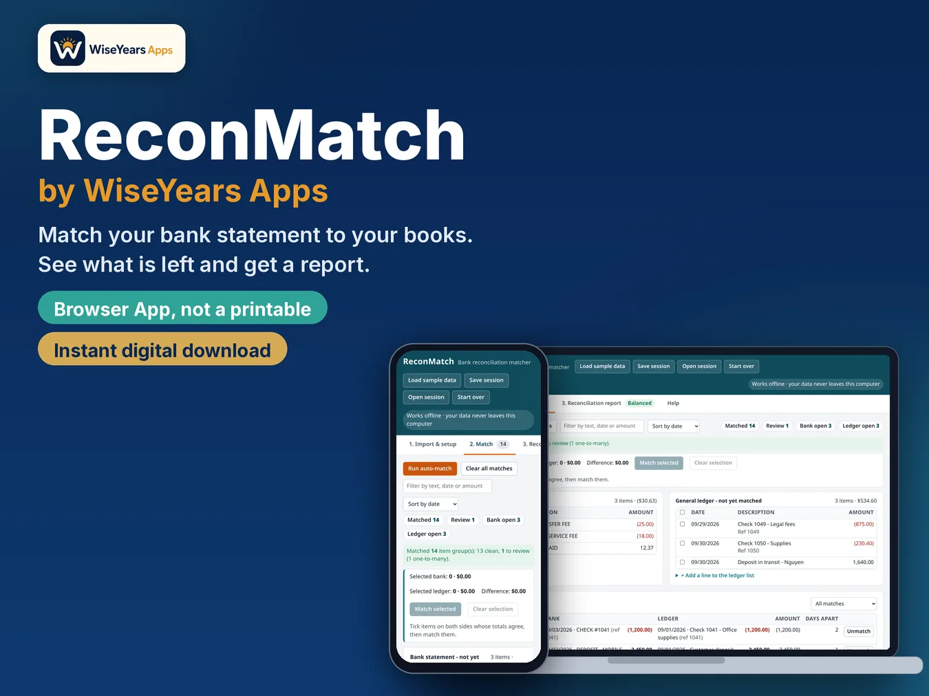 Bank Reconciliation App: ReconMatch Browser Tool, Not a Spreadsheet cover by WiseYears Apps