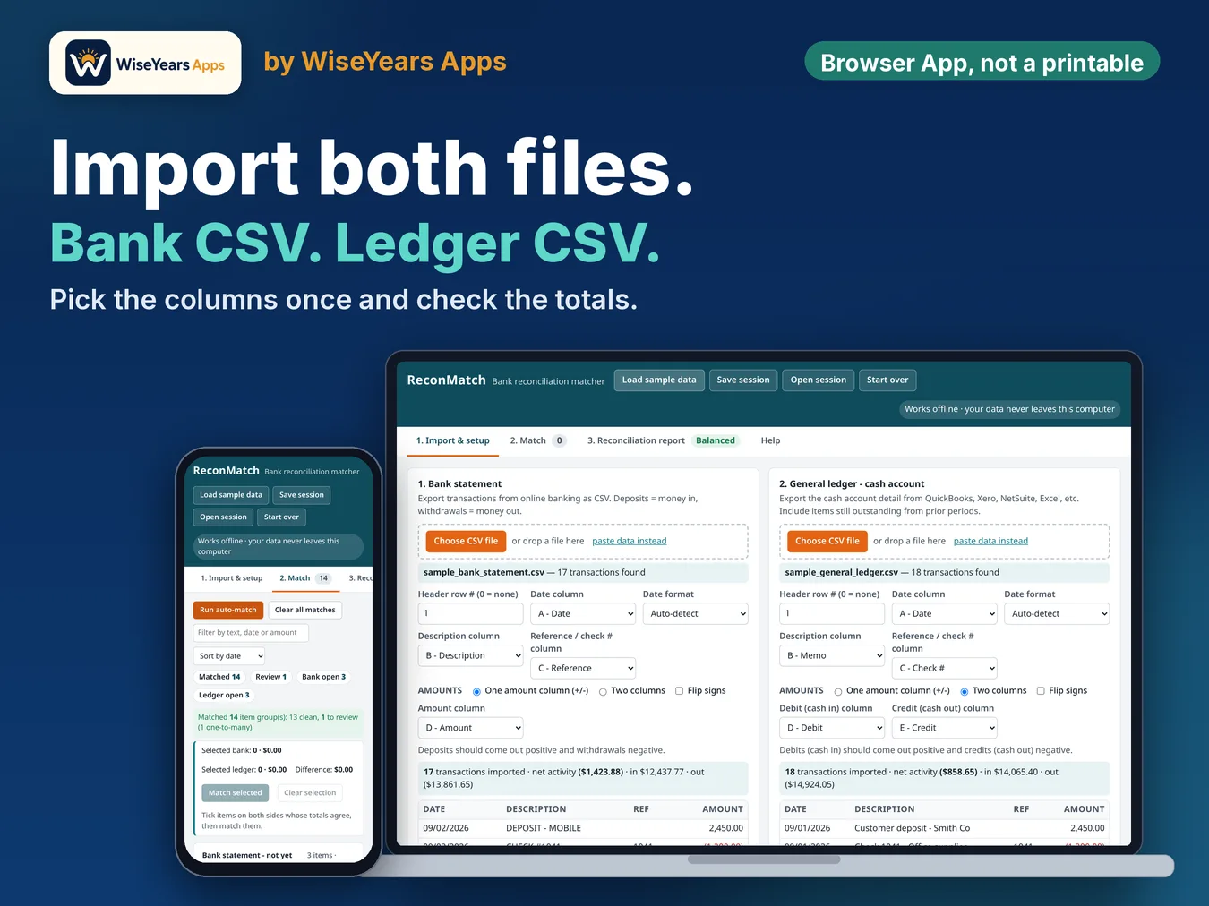 Bank Reconciliation App: ReconMatch Browser Tool, Not a Spreadsheet: import bank statement and general ledger